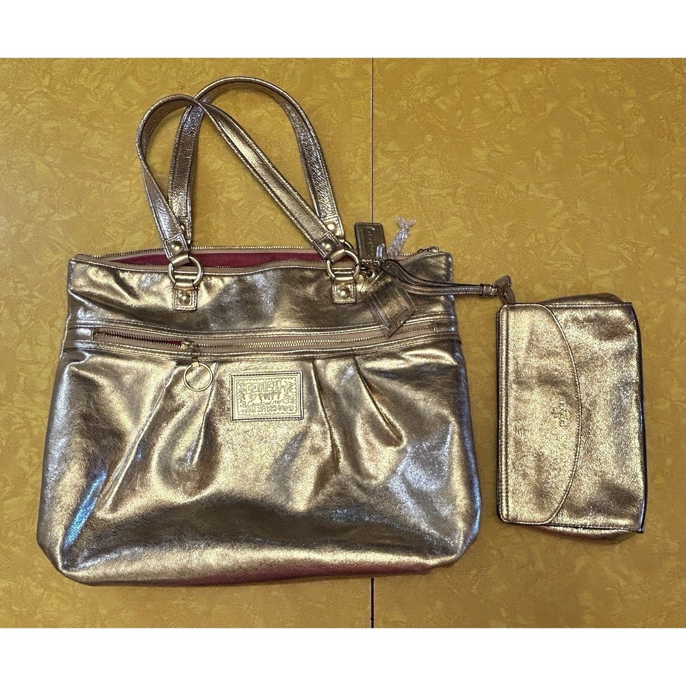 Coach Poppy Tote & Wallet Gold C1076-15286 Very Nice Condition